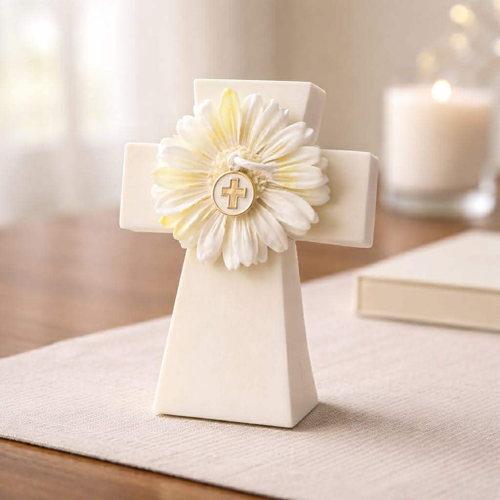 Mini Cross Soy Candle (with flower)– 1 oz | Religious Gift | Baptism, Communion, Easter Favor